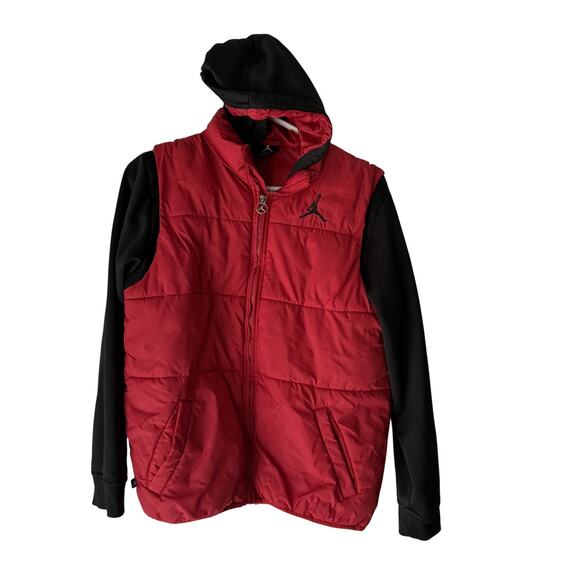 Jordan Hooded Puffer Jacket‎ Boys Large 12-13 Years Red Black Jumpman Logo Youth - Picture 1 of 8